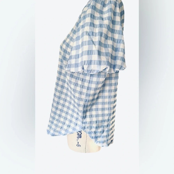 Ann Taylor Gingham Bubble Sleeve Top in blue and white check seersucker blouse - Picture 6 of 11